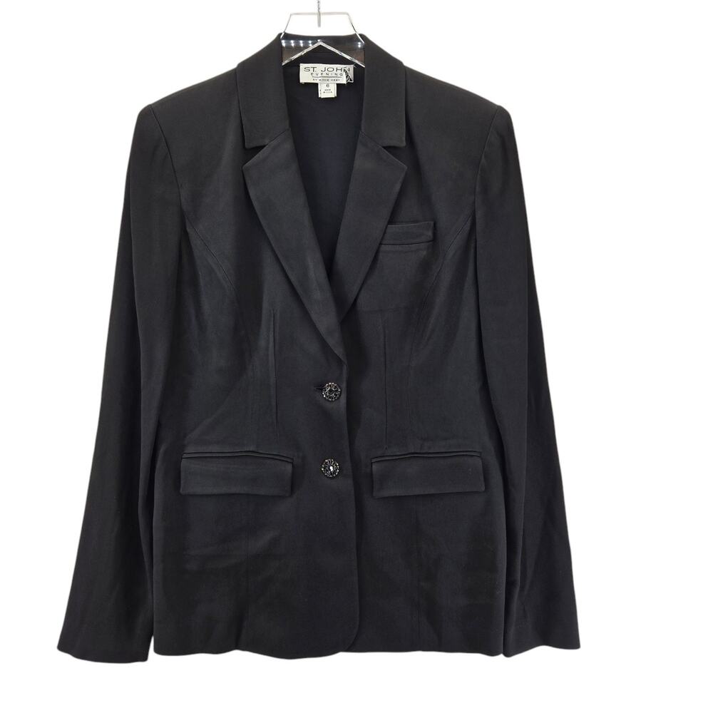 St John Evening Formal Blazer Jacket Womens 6 Black Longline Designer USA Flawed